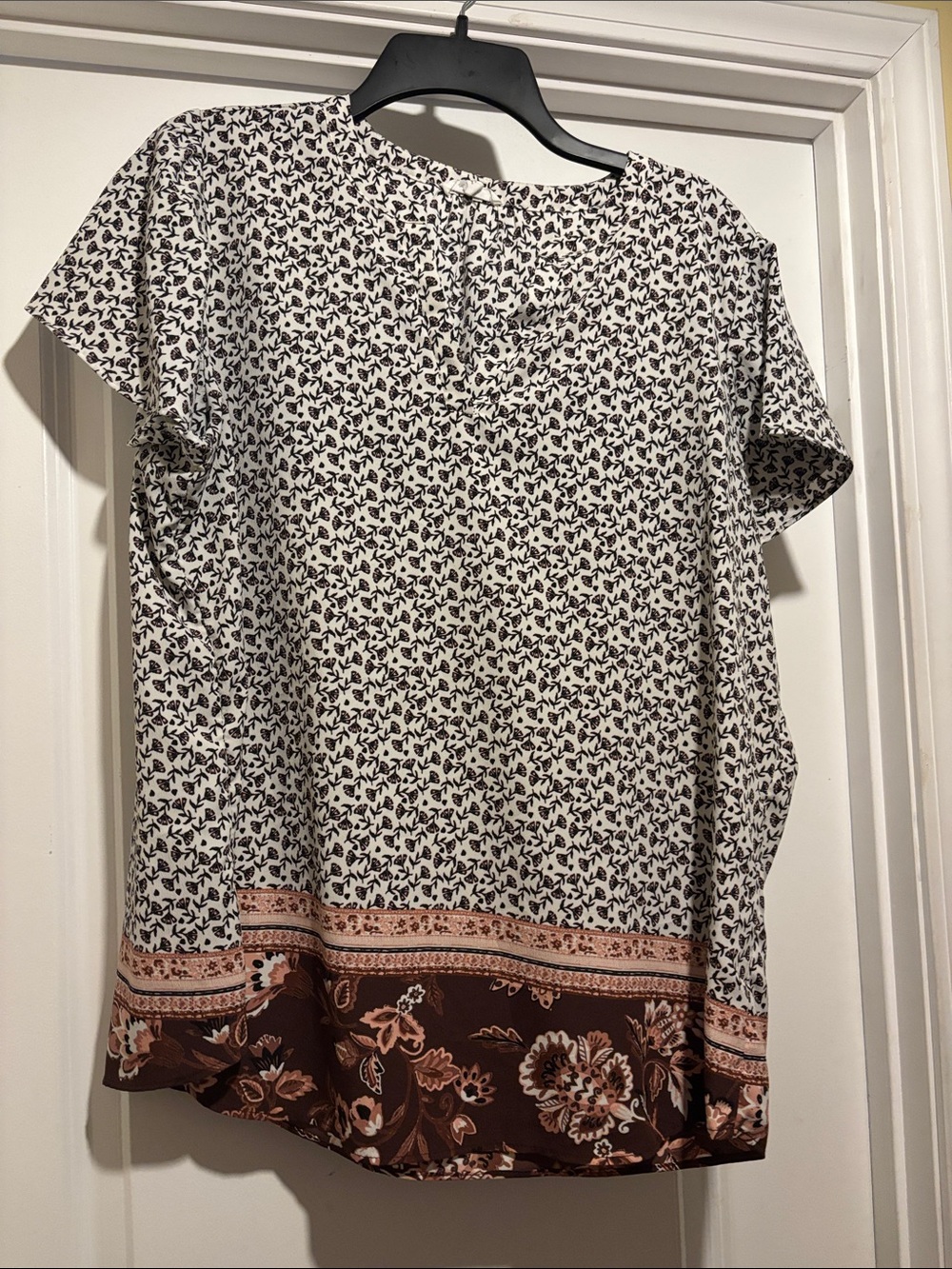 Maurices White Blouse with Brown Floral Border